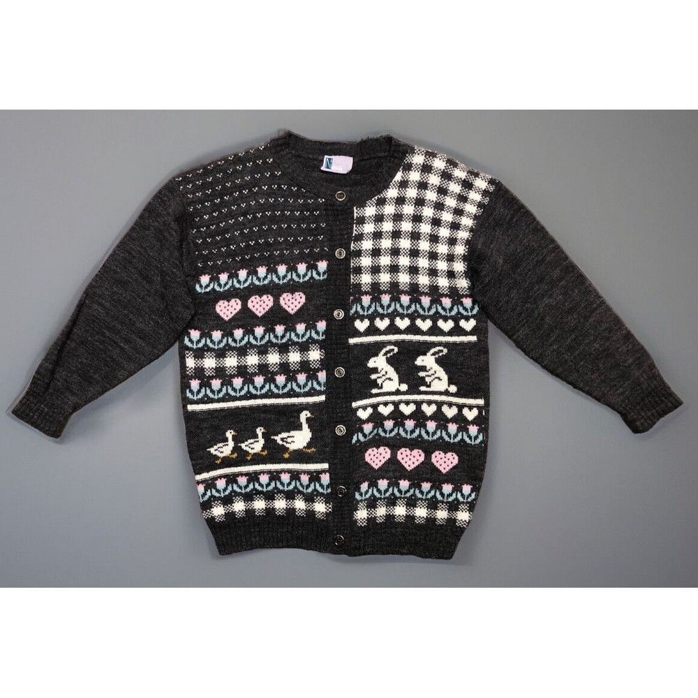 Vintage Needles Up Cardigan Women's L Bunnies Ducks Hearts Easter Cottage USA